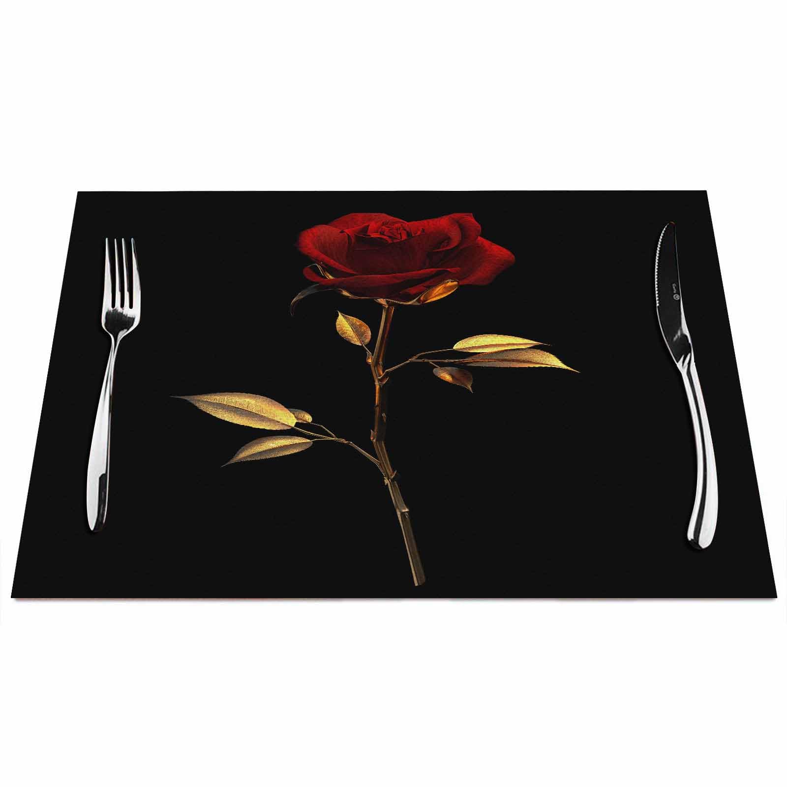 Walmsco Placemats Red Rose Gold Black Background Decor For Dining Room Kitchen Table,Waterproof Non-Slip Washable Heat Resistant Placemats,Set of 4,12"x18"