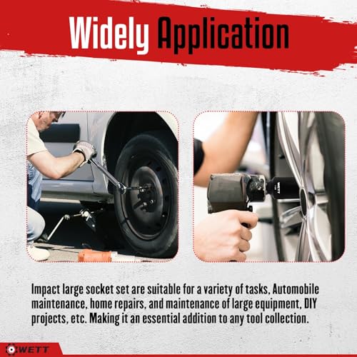 Image of WETT 1 /2 inch Drive Deep Large Impact Socket Set, 8-Piece Spindle Axle Nut Large Sockets Set, Standard SAE 6 Point Wheel Wrench Sockets, CR-V Steel, (1-1 /4-Inch-1-3 /4-Inch)