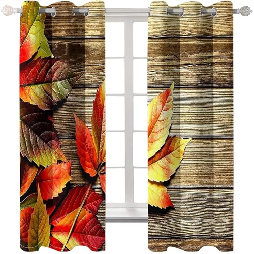 Juego de cortinas de cocina Bishilin, paneles texturizados con estampado de hojas y madera 6