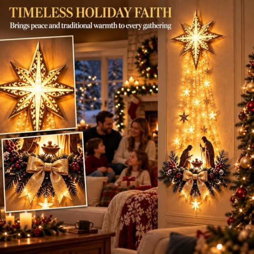 Lighted Nativity Bethlehem Star Wall Decor, Warm LED Christmas Religious Wall Hanging Ornament, Faith Inspired Christmas Decorative Lights for Home Bedroom Fireplace Entryway，#-B - image 2