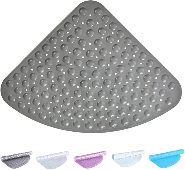 TranquilBeauty Curved Solid Grey Shower Mat 54x54cm/21x21in | Non-Slip Machine-Washable Quadrant Bath Mat For Walk In Shower Tray | Shower Mats Non-Slip Suction Cups Ideal For Kids & Elderly