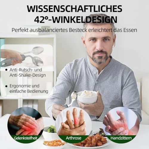 4-teiliges Parkinson Besteck Edelstahl mit Stoffbeutel, 42° Winkel Adaptives Besteckset, Griffverdickung Besteck, 85g Gewicht, Esshilfen für Handzittern, Arthritis und Behinderte, Rechtshänder