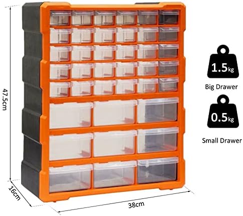 NAIMP DIY Tool Bits Storage Organiser, 39 Multi Drawers Plastic Cabinet Box for Garage Workshop, Small Parts Hardware and Craft Cabinet Orange Wall Mount
