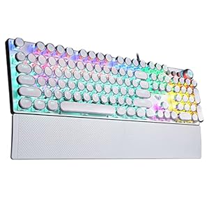 AULA F2088 Typewriter Style Mechanical Gaming Keyboard,Rainbow LED Backlit,Removable Wrist Rest,Media Control Knob,Retro Punk Round Keycaps,USB Wired Computer Keyboard,White