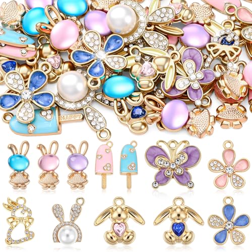 Landical 48 Pcs Easter Charms for Jewelry Making Assorted Gold Enamel Pastel Bunny Rabbit Flower Butterfly Jewelry Pendants for Spring Bracelet Necklace Earring Craft Making Supplies