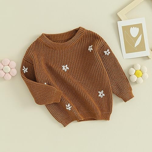 Toddler Baby Girl Knit Sweater Round Neck Long Sleeve Floral Embroidery Warm Pullover Tops Infant Fall Winter Clothes2