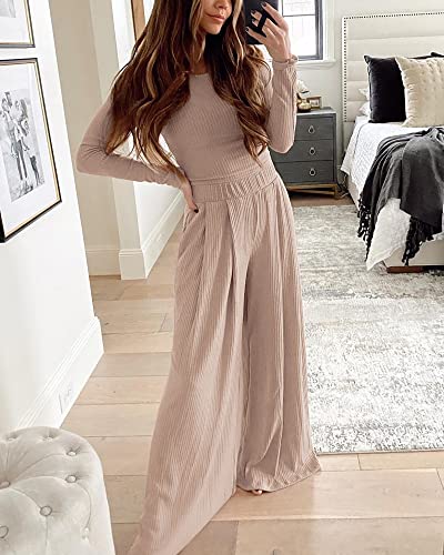 Image of BTFBM Women's Two Piece Lounge Set Long Sleeve Bodycon Ribbed Knit Crop Top Loose Wide Leg Pant Casual Outfits Sweatsuit