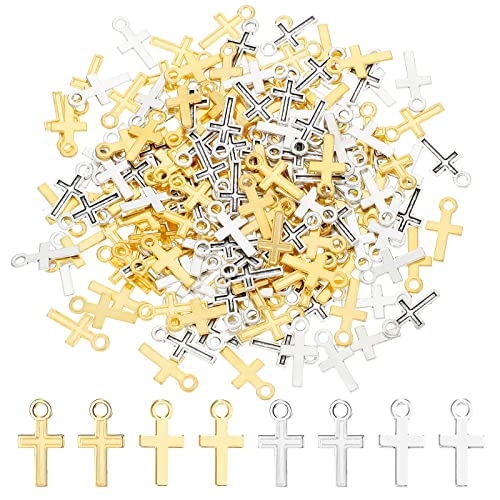 Kenning Cross Charm (200 Pcs) - 16 x 8 mm Mini Gold and Silver Alloy Cross Pendant Beads for Jewelry Making Crafting Findings Handmade Craft DIY