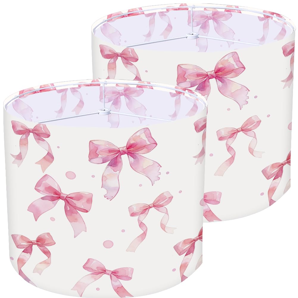 PRESSINART 2Pcs Pink Bow Lampshade 13 x 10 Inch Drum Lamp Shades for Floor Lamps Cute Pink Bowknot Printed Linen Decorative Nightstand Table Light Covers for Living Room Bedroom Lighting Decorations
