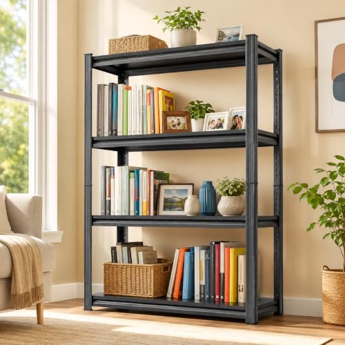 Image of 4 Tier Black Metal Bookshelf, Industrial Book Shelf Shelving Unit Storage Rack for Bedroom Living Room Office, Heavy Duty Steel Bookcase Shelves Organizer for Books Plants Decor, Free Standing Shelf