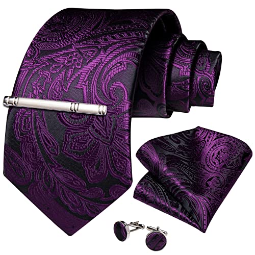 Image of DiBanGu Paisley Ties for Men Silk Necktie and Pocket Square Cufflinks Tie Clip Set Woven Classic Mens Tie for Wedding Party