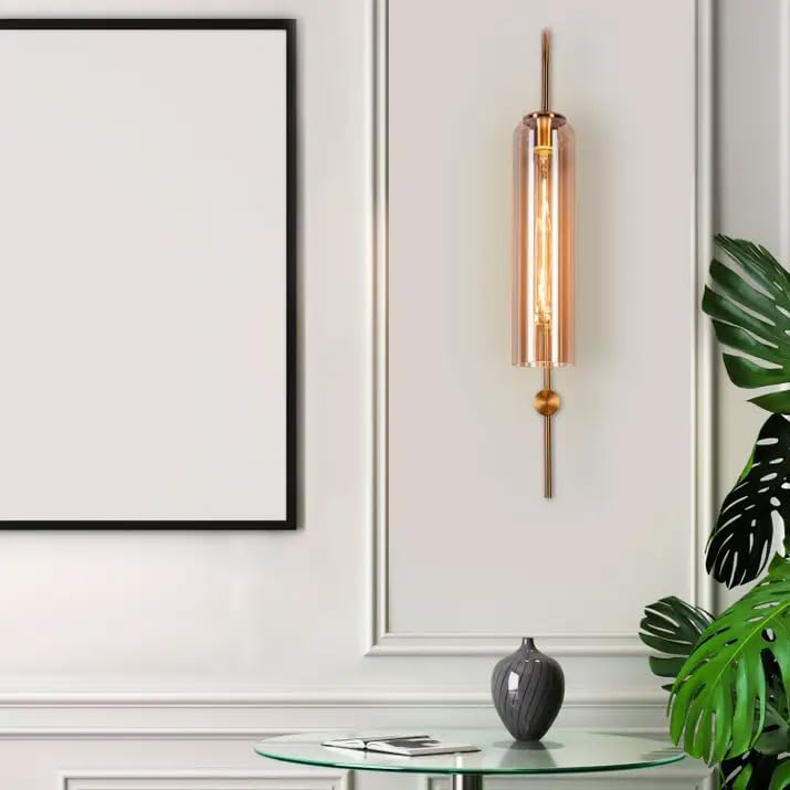 Image of Gold Long Glass Wall Light | Amber Gold Copper Metal Wall Lamp Fixture | Decorative Lighting for Living Room Bedroom Dining Cafe Bar Restaurant | Modern Home Decor | Without Bulb