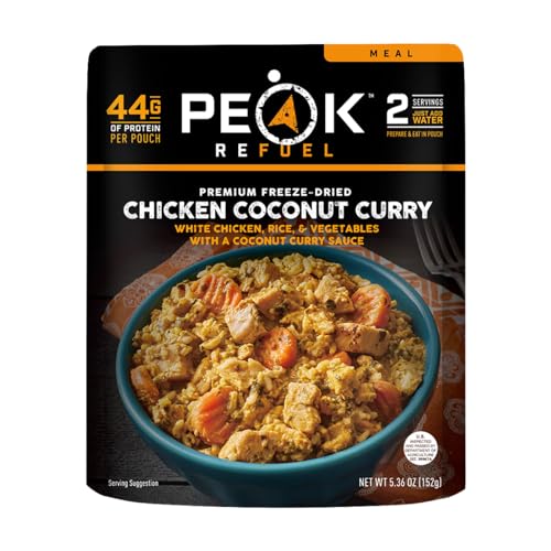 Peak Refuel Chicken Coconut Curry | Freeze Dried Backpacking and Camping Food | Amazing Taste & Quality | High Protein | Real Meat | Quick Prep (2 Serving Pouch)