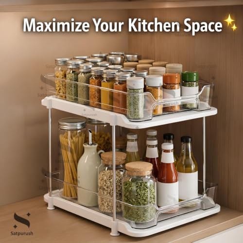Image of Satpurush 2 Tier Kitchen Organizer Rack for Countertop, Space Saving Multipurpose Organiser with Transparent Trays for Spice Jars, Oil Bottles & Containers (Transparent, Compact (22.5 CM))