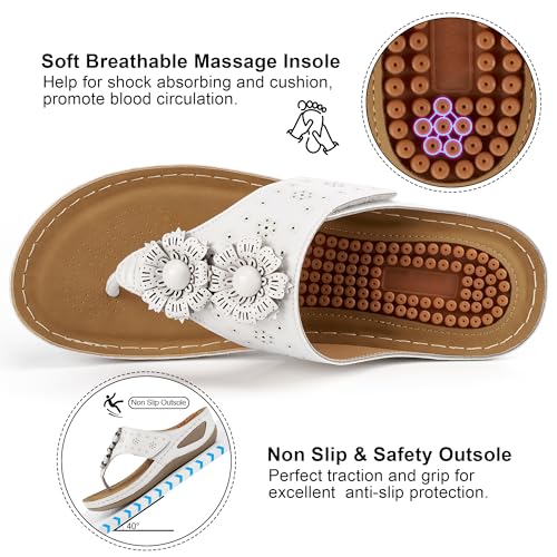 Image of Ecetana Womens Wedge Flip Flops: Orthopedic Cushion Non Slip Sandals - Comfortable Walking for All Day - Stylish Flower Adjustable Thong Sandals for Summer Casual Outing