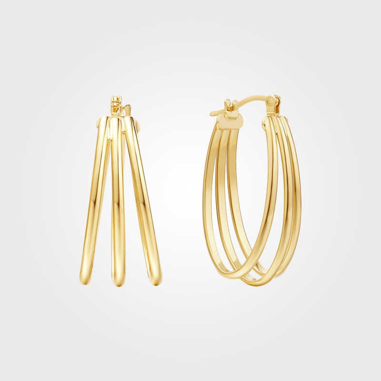 Pendientes para mujer, oro amarillo dorado, tres anillos, aretes de aro pequeños para mujer