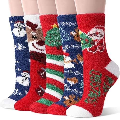 Sandsuced Fuzzy Christmas Socks for Women Fluffy Cozy Winter Warm Cute Fun Plush Comfy Fleece Sleep Christmas Gifts Cabin Socks Stocking Stuffers for Womens Mom 5 Pairs(Christmas Deer M)