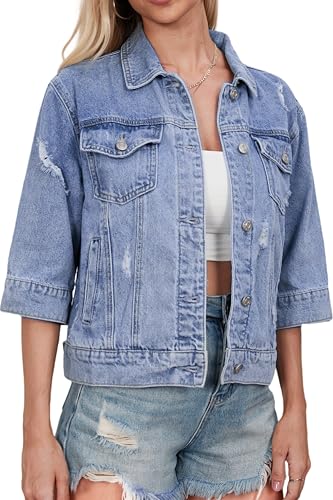 Muundim Jaqueta jeans feminina de manga curta 3/4, jaqueta jeans justa cropped leve para mulheres, Manga 3/4 azul claro, G