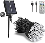 Télécommande : 8 modes, 4 luminosités diammables : cette guirlande lumineuse solaire de jardin offre 4 niveaux de luminosité de 25 % à 100 %, et 8 modes d'éclairage. 3 fonctions de minuterie. Toutes les fonctions peuvent être contrôlées par la télécommande.