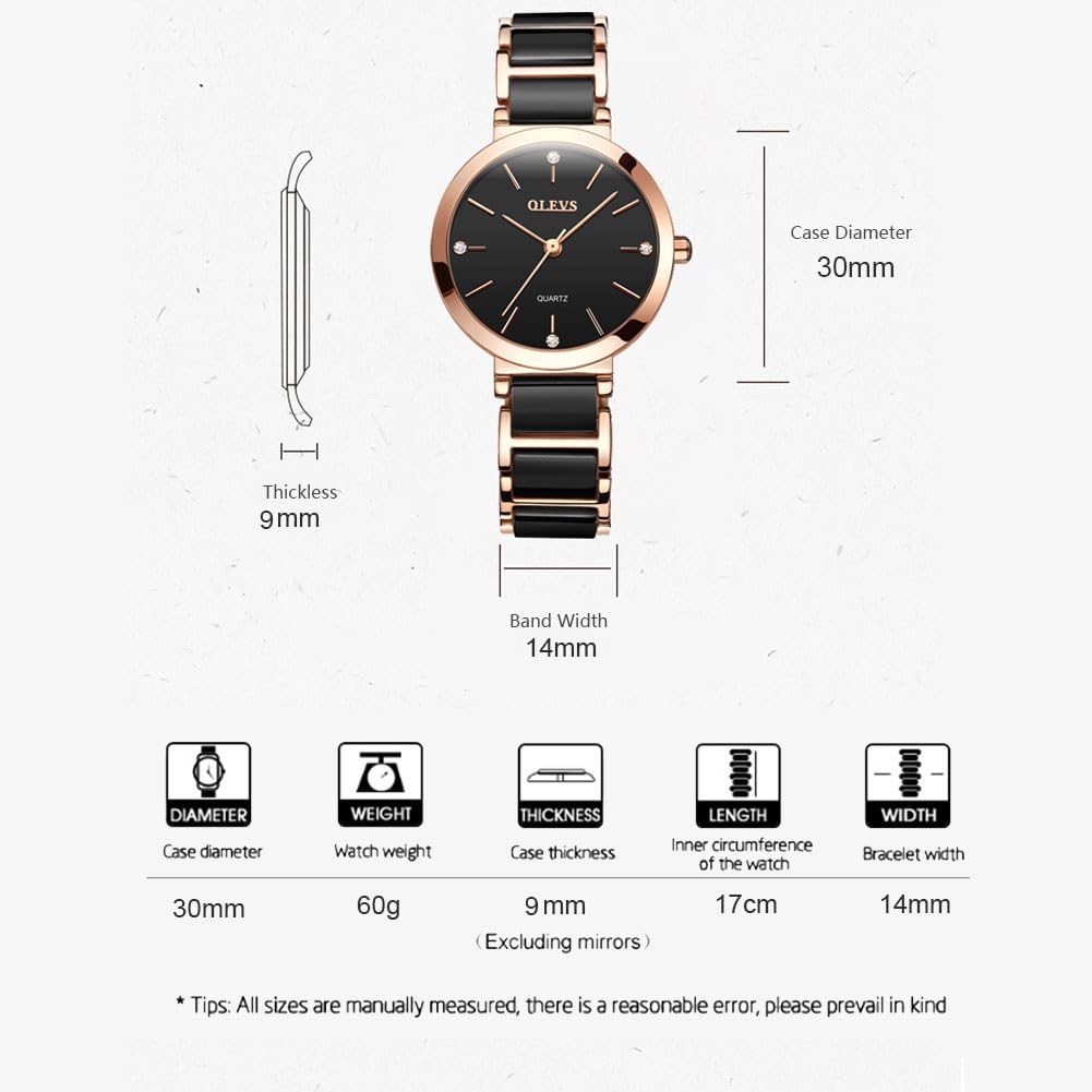 Damenuhr, Roségold Keramik Edelstahl-Uhr, 30mm Kleines Zifferblatt | Minimalistische analoge Quarzuhr, wasserbeständig, für schmale Handgelenke, Schwarz & Weiß – elegantes Geschenk für Damen