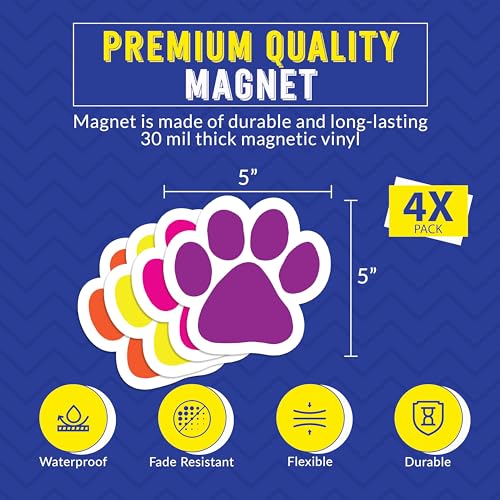 Image of Bright Prints Paw Locker Magnet 5 Inch 4 Pack, Dog Lover Gift, Made in USA | Heavy duty magnetic decal for car, truck, SUV or fridge, full color UV printed