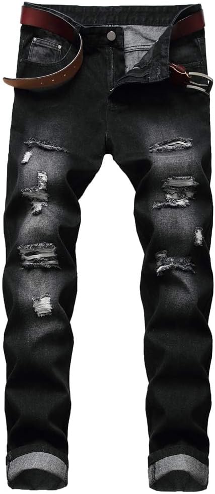 LZLER Mens Ripped Jeans Distressed Destroyed Slim Fit Straight Jeans for Men Fashion Comfort Denim Pants with Holes