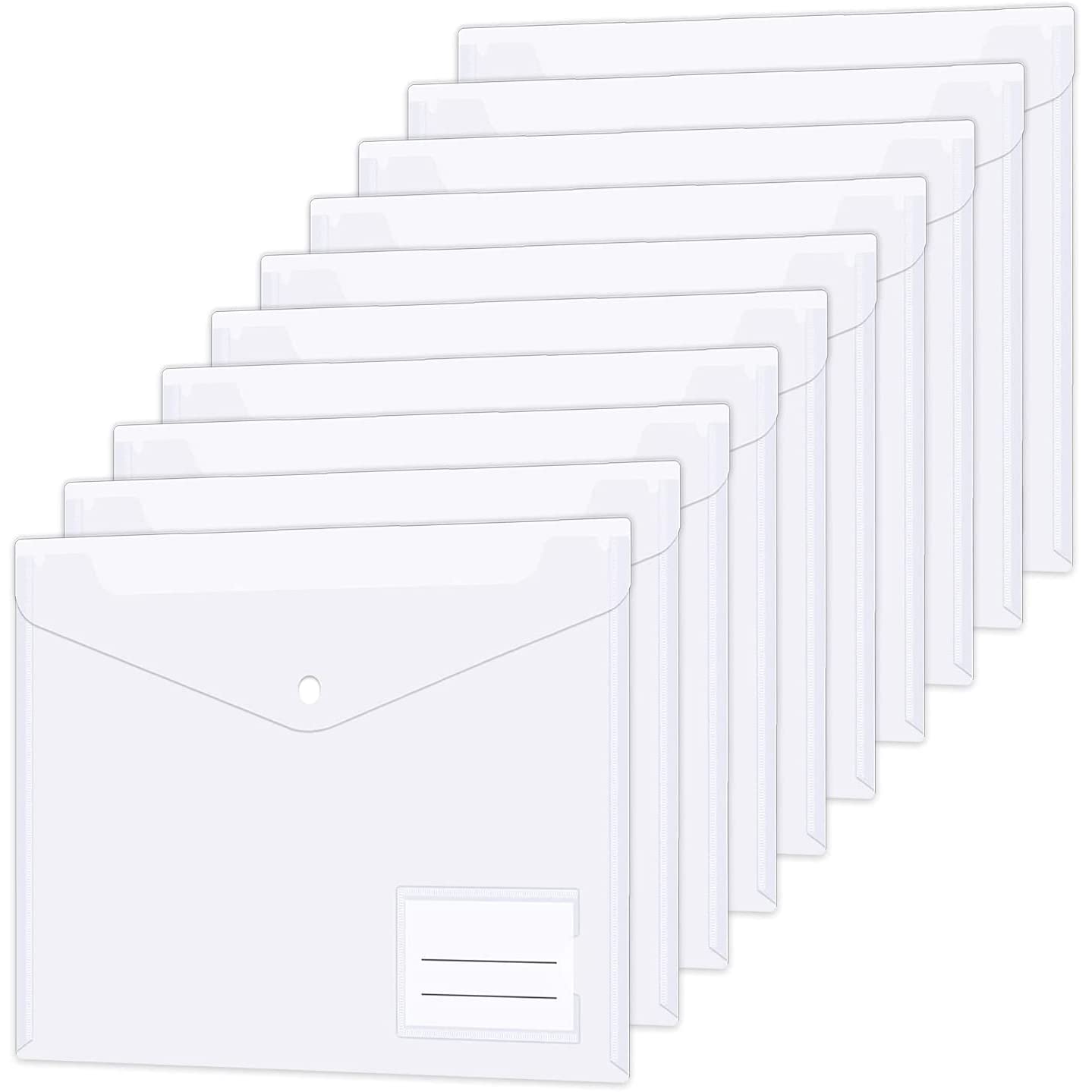 12 Pack Plastic Wallets A4 File Folders Plastic Transparent Document Folder with Label Pocket Snap Button Clear Files Envelope Pockets for Home, Office, School and Travel