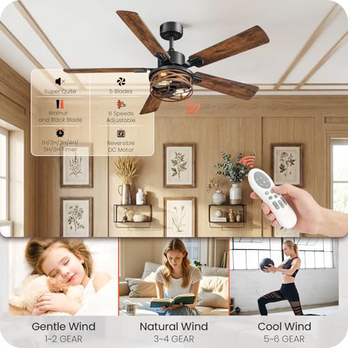 Image of 52 Inch Farmhouse Ceiling Fan with Lights and Remote, Timer, Dual Finish 5 Blades (Walnut and Black), 6 Speeds, Reversible DC Motor, Rustic Walnut Caged Ceiling Fan for Bedroom FF01CF05