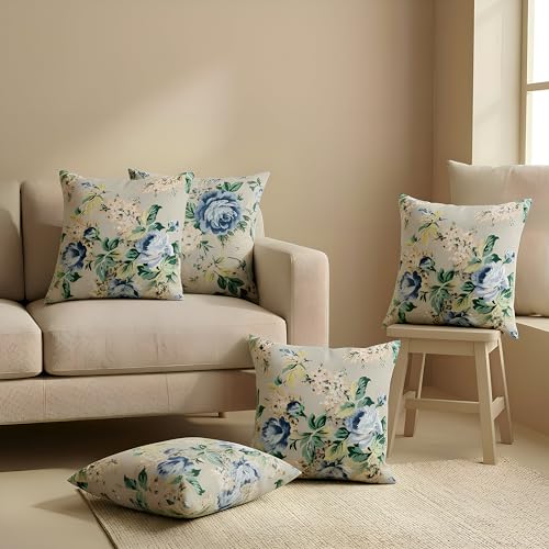 Image of Clasiko Cotton Cushion Covers 16x16 - Set of 5 Decorative Cushion Covers, Garden Frost, Soft Cotton, Hidden Zip, Sofa & Bedroom Decor