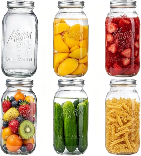Image of 6-Pack 64 oz Mason Jars with Lids, Glass Jars for Canning, Wide Mouth Mason Jars for Spice Storage, Glass Jar with Lid for Pantry Organization, Jars for Home Kitchen Canning