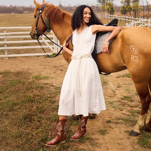 DREAM PAIRS Women's Square Toe Cowboy Cowgirl Boots Pull On Low Chunky Heel Mid Calf Western Boots with Embroidered Stitched for Theme Party Country Concert,Size 8.5,Brown-1,SDMB2220W