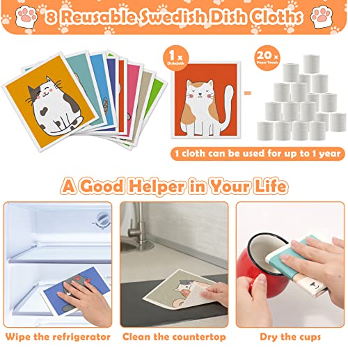 Lucomb Swedish Dish Cloths For Kitchen, 8 Pack Reusable Kitchen Cleaning Cloth Absorbent Kitchen Towels No Odor Fast Drying For Home Wipes Dish Washing (Cute Cat) #TOP3