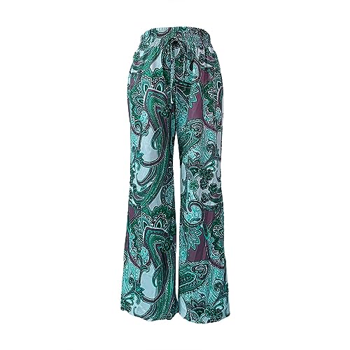 Women Fashion Beach Pants Belted Frilled Waist Tropical Print Boho Pants Wide Leg Palazzo Pants Summer Ladies (Green, L)2