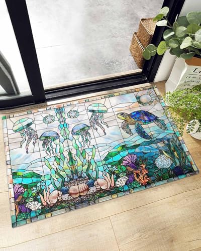 Indoor Doormat Nautical Sea Turtle Jellyfish Coral,Shaggy Floor Mat with Non-Skid Backing Abstract Underwater Creature,Machine Washable Plush Area Rug Carpets for Kitchen Nursery Bedroom