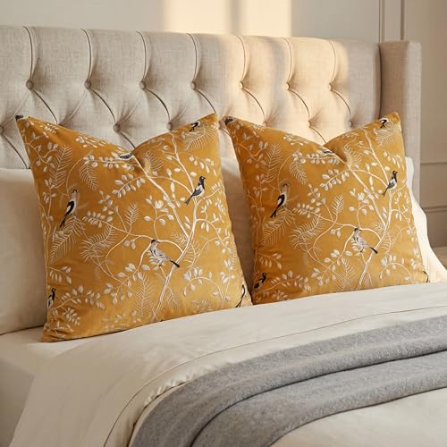 ERYOGS Yellow Velvet Throw Pillow Covers 18x18 Set of 2, Decorative Bird and Leaf Pattern Pillow Covers,Boho Farmhouse Cushion Covers for Couch Sofa Bed Living Room Home Decor — view 3