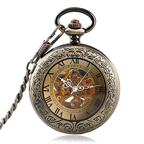 OIFMKC Pocket Watch Automatic Mechanical Pocket Watch Men Women Carving Skeleton Fashion Chain Stylish Fob Copper Xmas Exquisite Bronze Clock Gift