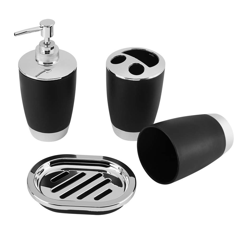 Juego de Accesorios de baño, Juego de baño de plástico de 4 Piezas Que Incluye jabonera, dispensador de jabón, Soporte para Cepillo de Dientes y Vaso para Enjuague bucal (Negra)