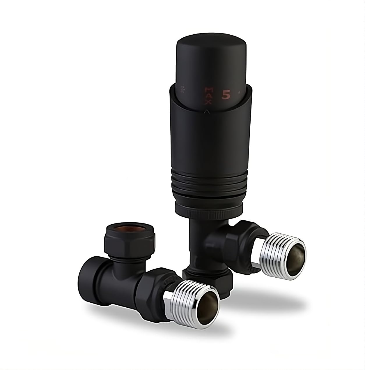 Team Controls Matt Black Angled Thermostatic TRV Radiator Valve & Lockshield 15mm x 1/2" Pack