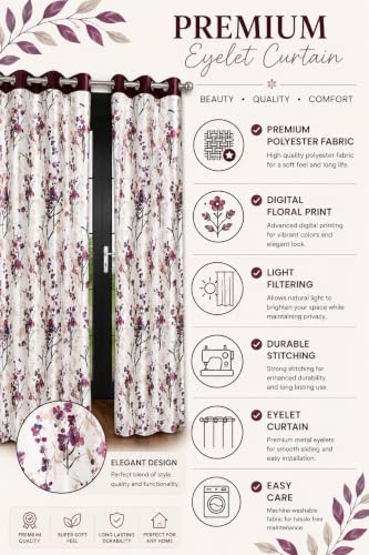 Image of 9 Feet Polyester Floral Light Filtering Long Door Curtains for Bedroom, Living Room & Hall, Eyelet Top, Wine Print Curtain Set of 2