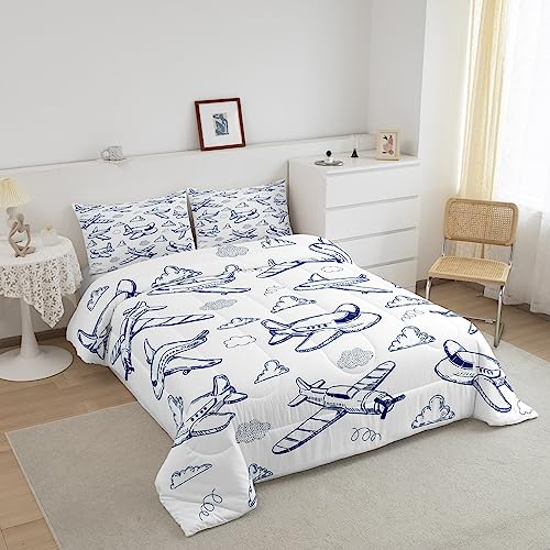 Juego de edredón de avión King para decorar la habitación de los niños con nubes azules 3