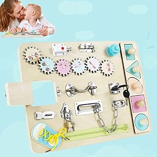 JTWEB Toddler Montessori Busy Board, Wooden Sensory Board Toys Portable Locks Latches Board Children Preschool Learning Activities Board Early Educational Toys Great Gift for 1-2 Years Old Boys Girls