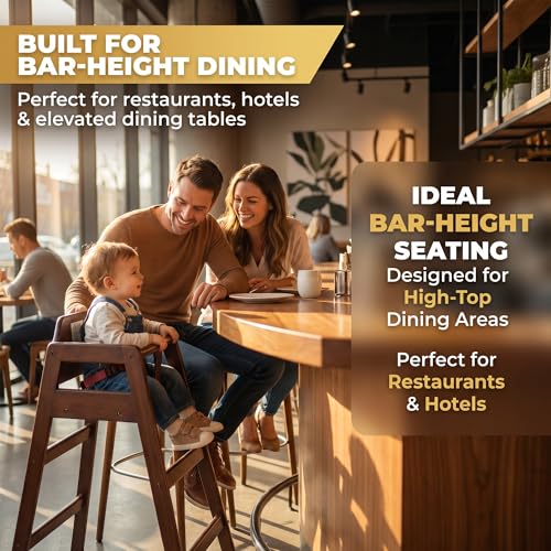 Image of Dark Brown Wooden Bar Height Restaurant High Chair - Stackable Rubberwood Dining Chair for Bar Height Tables, Easy-Clean Finish, Commercial Restaurant Seating