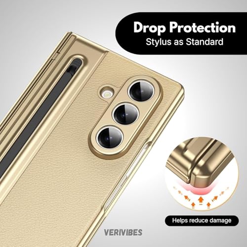 Image of Ultra Hybrid Luxury Leather Compatible with Samsung Galaxy Z Fold 5 (2025)| Built-in S Pen Holder| 360 Hinge Protection | Slim Shockproof Back Cover with Tempered Glass - Golden