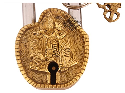 Image of Indian Art Villa Handmade Old Vintage Style Antique Radha Krishna Ji Design Brass Security Lock with 2 Keys Om Design on Back|Home Temple Office