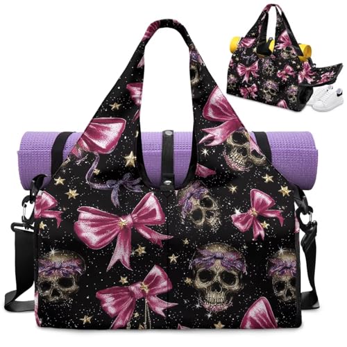 Halloween Women Tote Bag Carrying Workout Gear, Makeup Accessories, Skull Gym Duffle Bag with Yoga Mat Holder, Shoe Compartment, Wet Dry Storage Pockets Backpack for Travel2