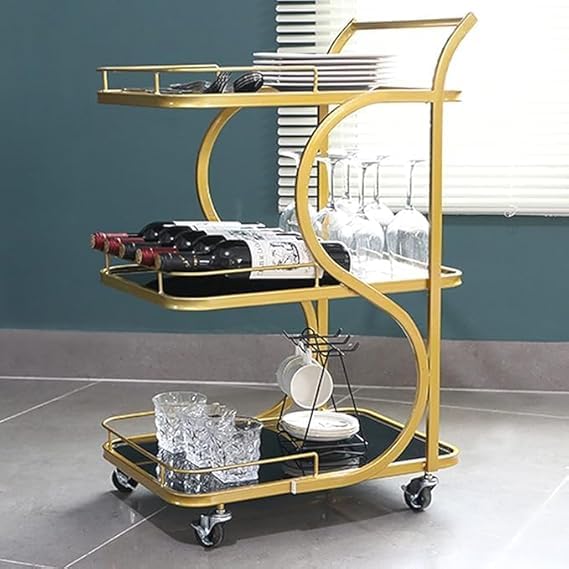 IronKaar Gold Metal Bar Cart for Restaurant/Serving Trolley with Glass Holders/Wine Bottle Rack/Home Kitchen Trolley with Storage Living & Bed Room Decor (Golden Black)