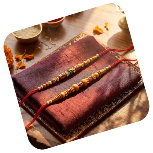 Image of Peora Rakhshabandhan Thread Rakhi for Brother Bhaiya | Kundan Beads & Crystal Studded | Combo Set of 2 | Rakhi Hamper Roli Chawal & Greeting Card