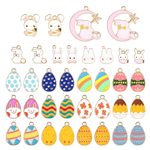 Gosknor 36pcs Easter Charms 18 Styles Colorful Easter Egg Bunny Rabbit Carrot Pendant Charms Enamel Easter Charms for Jewelry Making Necklace Bracelet DIY Crafts