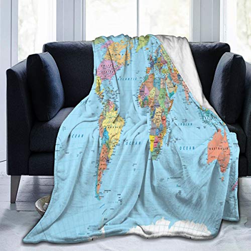 Delerain Colored World Map Flannel Fleece Throw Blanket 50"x60" Living Room/Bedroom/Sofa Couch Warm