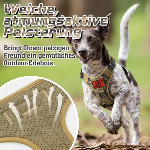 rabbitgoo Hundegeschirr Mittelgroße Hunde, Anti Zug Geschirr Hund Verstellbar mit Griffe Verbreitert, Robust Taktisches Hundegeschirr mit Metallschnallen zum Wandern(M, Camouflage Braun)